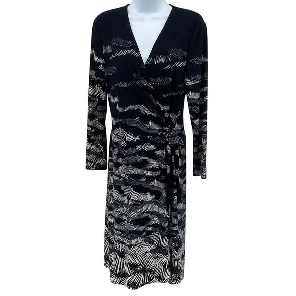 BCBGMAXAZRIA Adele Midnight Wrap‎ Dress SZ L Navy Blue White Printed Long Sleeve - Picture 1 of 10